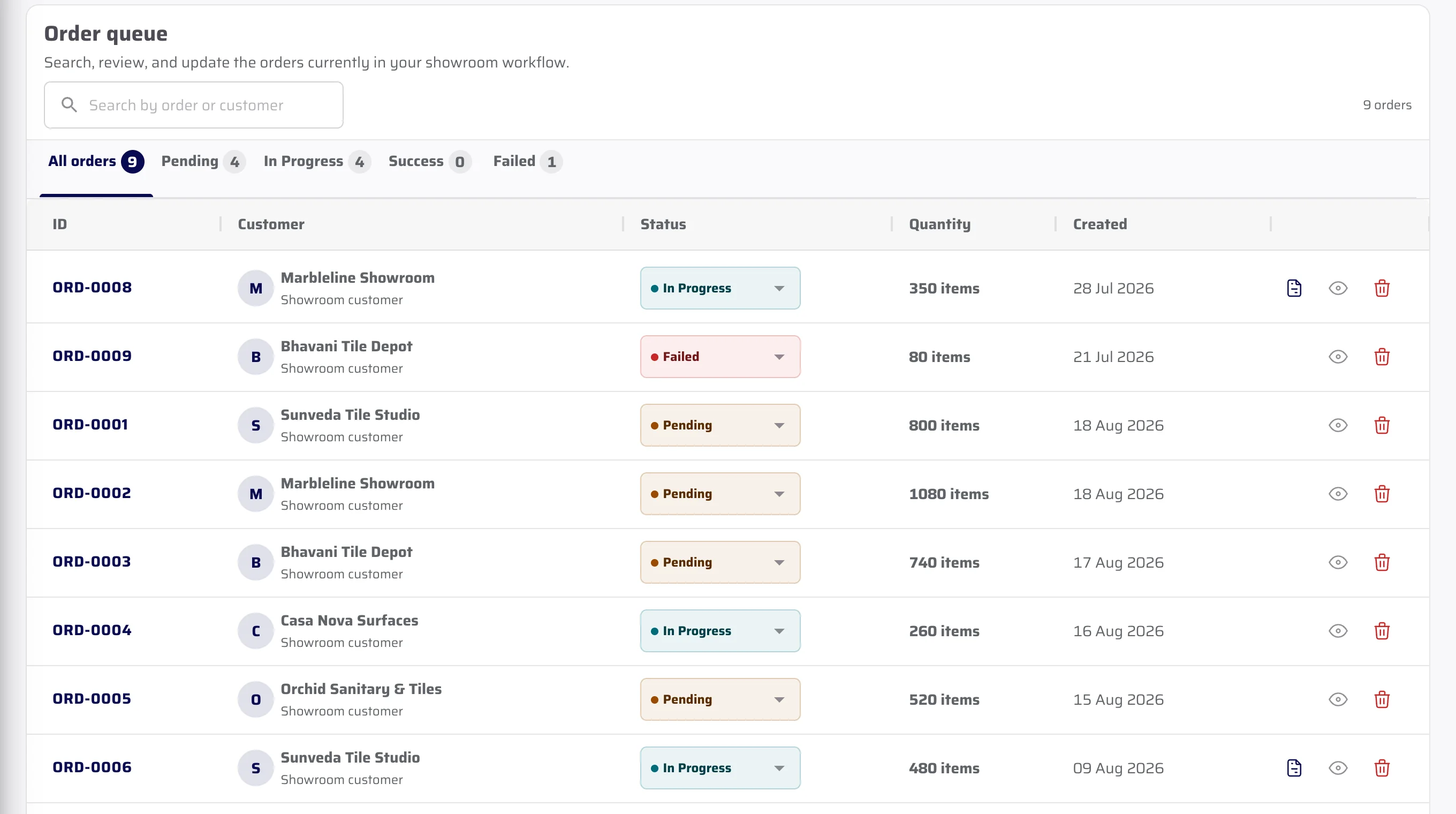 The Ceramic Portal order queue listing nine showroom orders, each with the customer that placed it, a status of Pending, In Progress or Failed, and a quantity.