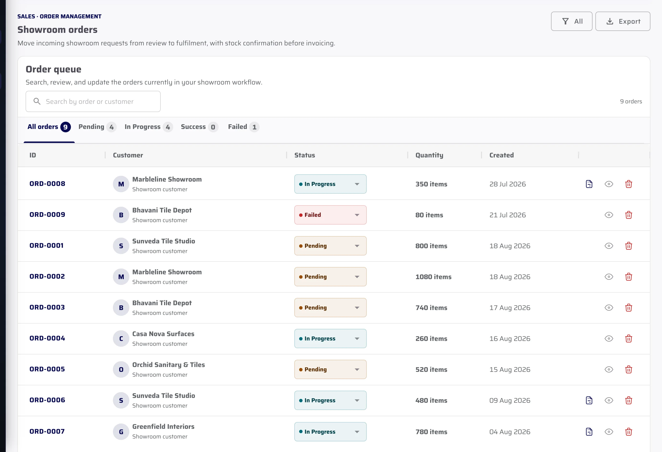 Retailer order inside the CeramicPortal Admin portal