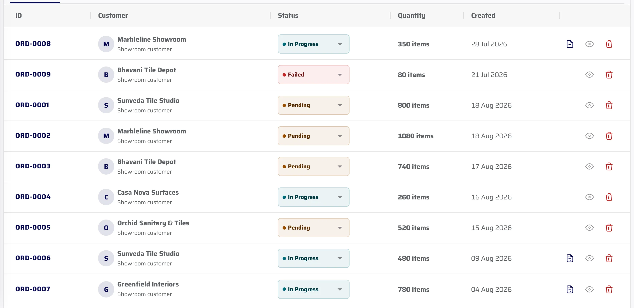 Retailer orders inside the CeramicPortal Admin portal