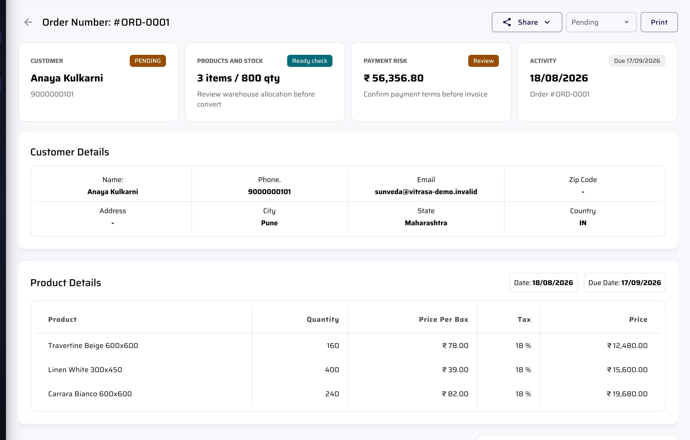 A single showroom order opened in the portal, showing the ordered products, quantities and rates alongside the actions that continue it into a document.